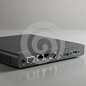 A black networking device, possibly a router or switch, featuring a sleek rectangular