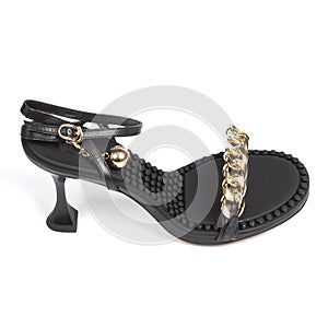 Black New Fashionable Women's High Heels With Gold Chain on white background