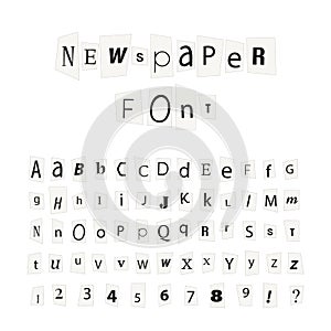 Black newspaper letters font, latin alphabet signs isolated on white