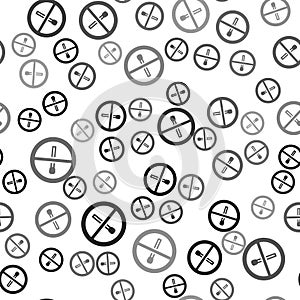 Black No fire match icon isolated seamless pattern on white background. No open flame. Burning match crossed in circle