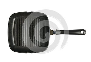 Black nonstick square grill pan isolated on white background