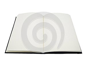 Black notebook, blank graph paper with square lines.it`s open both side of two pages in the white and isolated background