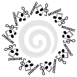 Black notes, warp and treble clef on white background in ring.