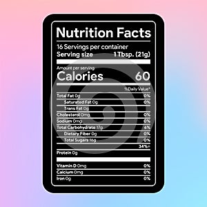 Black Nutrition facts label. Food components info. Nutritional value table for package. Healthy ingredients template