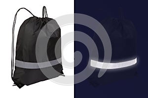 Black nylon drawstring bag with reflective tape