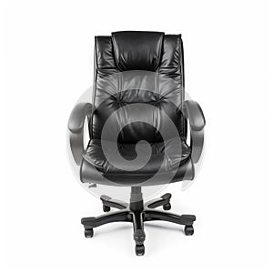 a black office chair with a black leather seat and backrest and a black leather armrest and foot rest, viewed from the front