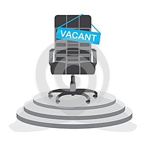 Black office chair with sign vacant staying on the stand. Hiring job, recruiting or vacancy concept. Vector illustration