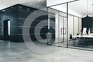 Black office interior with lift