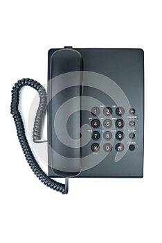 Black office phone with handset on-hook