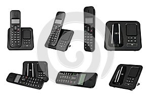 Black office phone, set and collection. Isolated