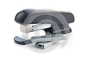 Black office stapler isolated on white background