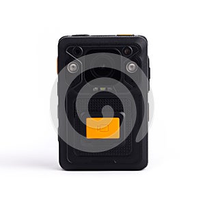 Black Officer body cam with yellow orange button record. Personal Wearable Video Recorder, Portable DVR, camera isolated on white