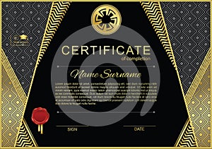 Black official certificate with gold design elements and wafer