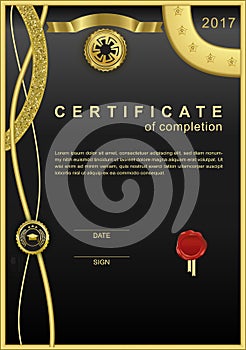 Black official certificate with wafer, emblem, gold design elements