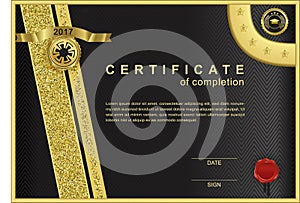 Black official certificate with wafer, emblem, gold design elements