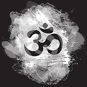 Black Ohm symbol on hand-drawn grange background, indian Diwali spiritual sign Om. Print, tattoo, yoga, spirituality, textiles photo