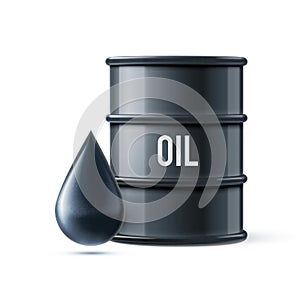 Black oil barrel with drop on white realistic objec