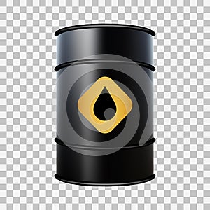 Black oil barrel with label drop, isolated transparent background, realistic effect, vector illustration