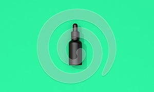 Black oil dropper bottle with blank label on a green background. 3D Render