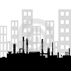 Black oil factory silhouette and industrial city view. Petroleum industry. Vector template for web, infographics or interface