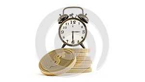 black old alarm clock and dollar coins isolated on white background. time is gold concept,