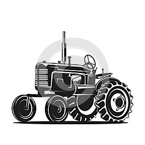 Black old tractor silhouette on white background