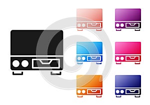 Black Old video cassette player icon isolated on white background. Old beautiful retro hipster video cassette recorder