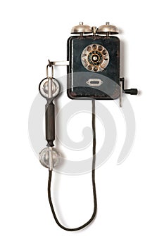 Black old wall telephone on white background