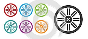 Black Old wooden wheel icon isolated on white background. Set icons colorful. Vector