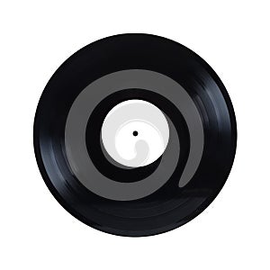 Black oldschool long-play vinyl record with empty white label isolated on white front view closeup