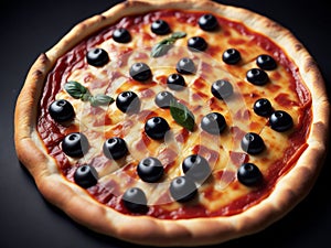 A black olive pizza with basil on a black background