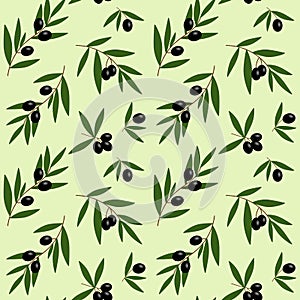 black olives branches with green leaves oil pattern on light green background seamless vector