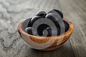 Black olives from can in bowl on table