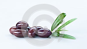 Black Olives with Green Leaves Composition Isolated On White Background