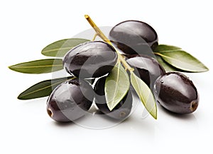 Black olives with leaves isolated on a white background