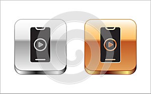 Black Online play video icon isolated on white background. Smartphone and film strip with play sign. Silver-gold square