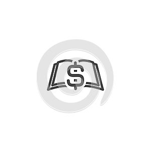 Black Open book with black dollar signs flying out isolated on white. Money book business concept. Flat