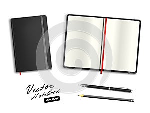 Black open and closed copybook template with elastic band and bookmark.
