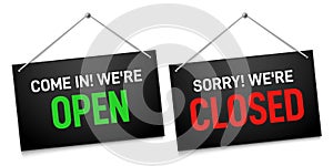 Black open and closed sign. Dark shop door signboards, come in and sorry we are closed outdoors signboard vector photo