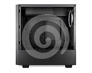 Black open empty midi tower pc computer case side view isolated white background. gaming component technology electronics concept