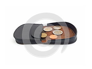 Black open purse with CLASSIC Leather coins on white background. Close up of man`s old and used wallet for coins. Aerial view of