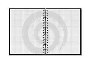 Black open realistic spiral notepad mockup with square grid sheets on white