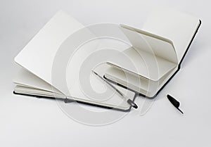 Black open small and large notebooks with blank white pages and ballpoint pen lie unfold on white backdrop