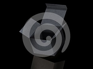 Black opened cardboard package on gray floor. 3d rendering.