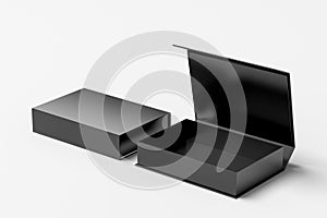 Black opened and closed rectangle folding gift box mock up on white background. Side view
