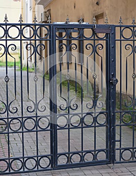 Black openwork wrought-iron fence with a closed gate