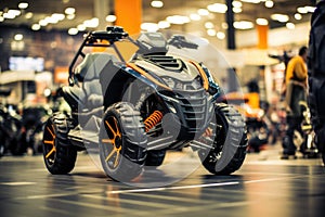 A black and orange atv is parked on a showroom floor. Generative AI image.