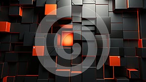 a black and orange cube wall with a red light in the middle