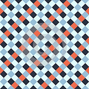 Black Orange Gray Blue Seamless Diagonal French Checkered Pattern. Inclined Colorful Fabric Check Pattern Background. 45 degrees