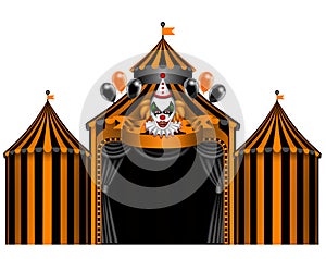 Black and orange halloween circus with horror clown and balloons